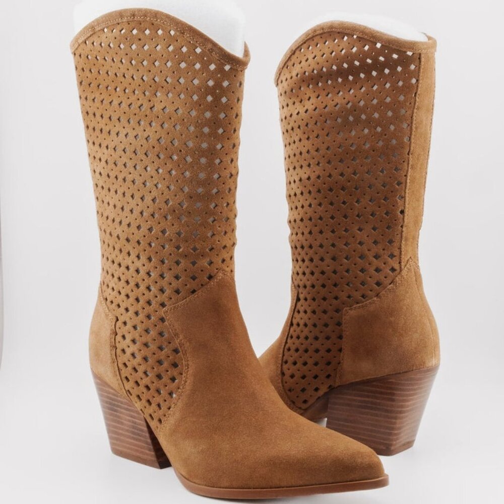 Seychelles Diva Boot in Brown suede mid calf leather cowboy heeled boot